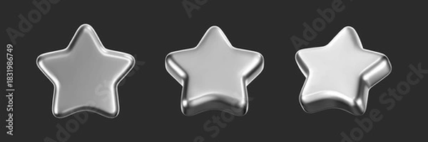 Fototapeta 3D silver stars icon with chrome effect isolated on dark background. Glossy platinum star for Christmas and New Year decoration. Badge for rating, award trophy, achievement, winner reward. 3D vector