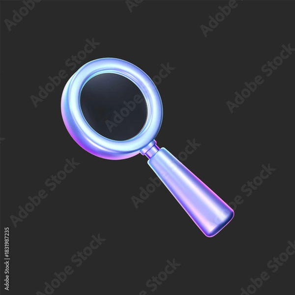 Fototapeta Futuristic 3D magnifying glass icon in holographic glass style. Shiny gradient search symbol with iridescent glow, perfect for UI, digital design, education or technology interface. 3d neon vector
