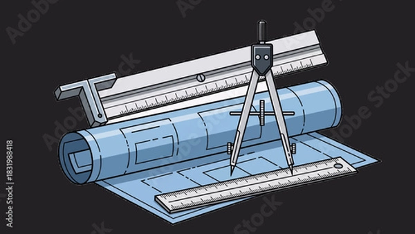Fototapeta Architectural Tools Vector Set – Compass, Blueprint, Ruler and T-Square Icons