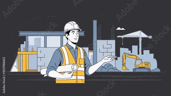 Fototapeta Architect on Construction Site Reviewing Plans – Flat Vector Illustration