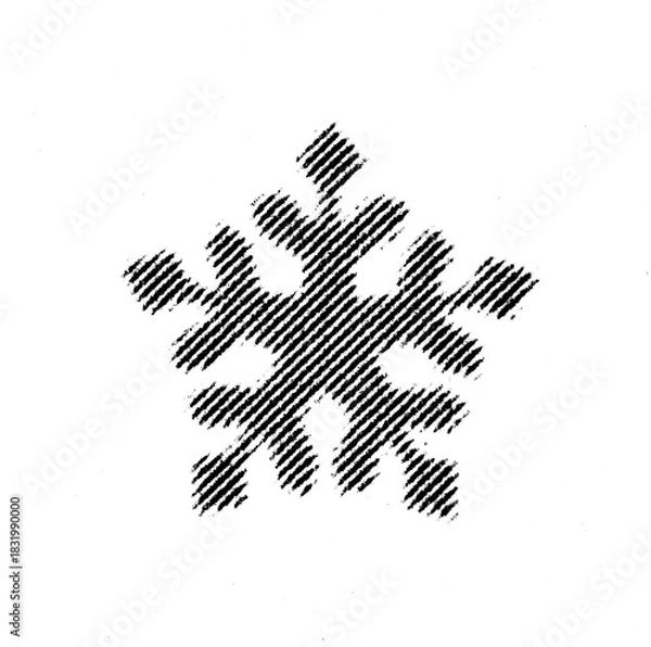 Fototapeta Macro halftone print of a stylized snowflake rendered with dense diagonal-line shading on a transparent background.