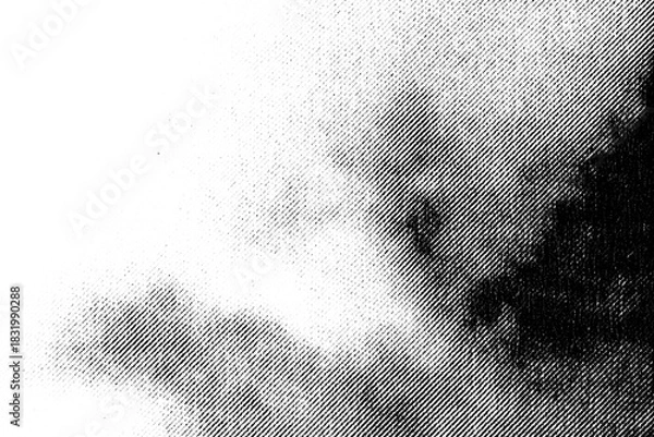 Obraz Macro halftone print forming soft cloud-like shapes that fade from light to dense shadow on a transparent background. Slightly unfocused, it resembles drifting clouds or smoky atmospheric forms.