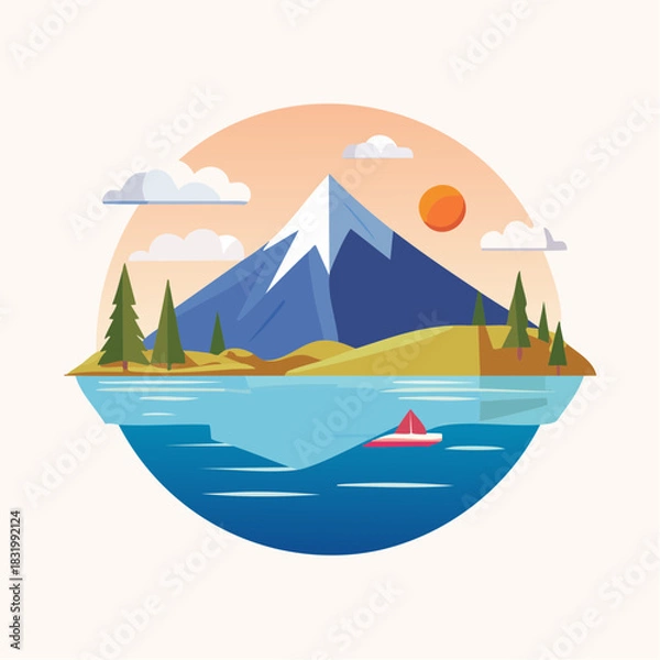 Fototapeta Serene Mountain Lake Landscape With Snow Capped Peak Pine Trees And A Small Boat At Sunset