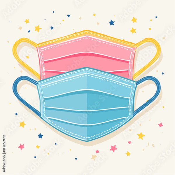 Fototapeta Two Medical Face Masks One Pink One Blue Stacked Together with Colorful Stars and Confetti on a Creamy Background