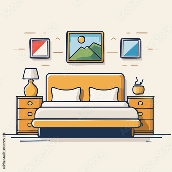 Obraz Cozy Yellow Bedroom Scene With Two Nightstands A Bed And Framed Art On The Wall