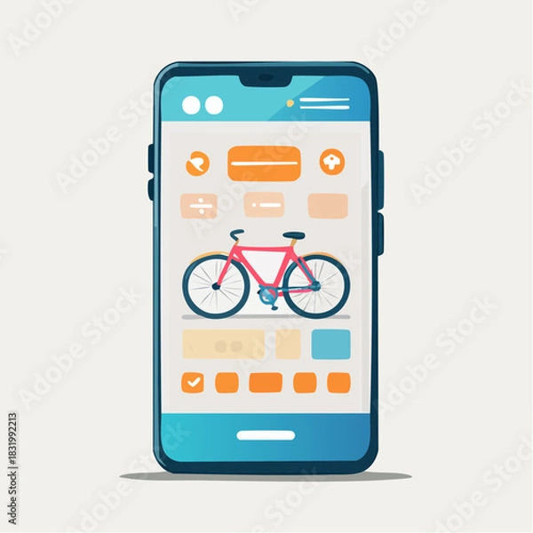 Obraz Modern Smartphone Displaying Bicycle App Interface With Orange Accents And Blue Theme On Light Background