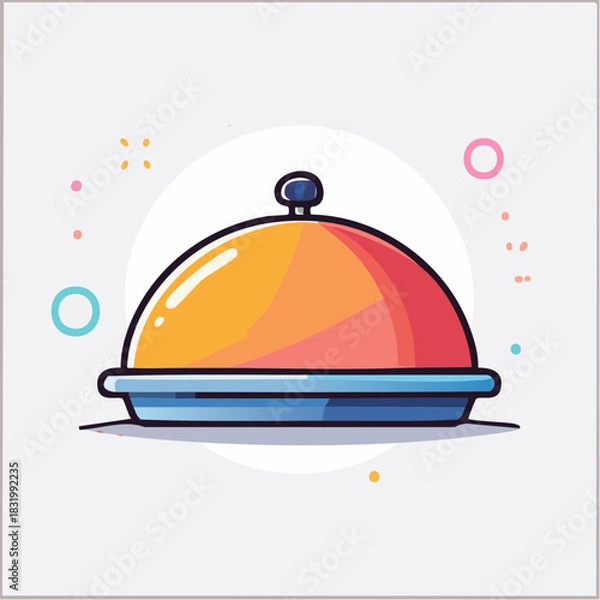 Obraz Food Serving Cloche With Blue Plate And Orange Top On White Background With Colorful Dots And Sparkles