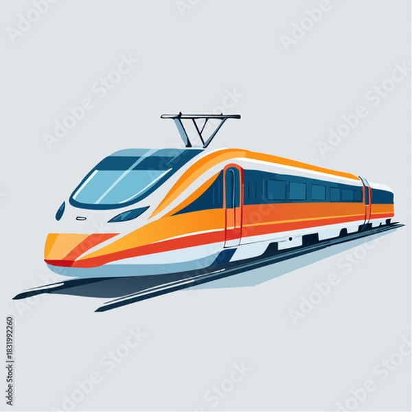 Obraz Sleek Orange And White High Speed Passenger Train On Tracks With Overhead Wires In Day Time Lighting