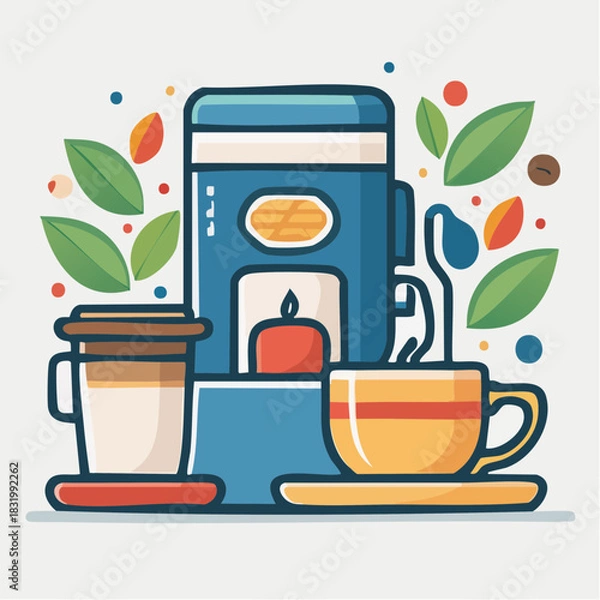 Fototapeta Modern Coffee Maker With Freshly Brewed Cup And Travel Mug Surrounded By Autumn Leaves And Coffee Beans In Bright Light