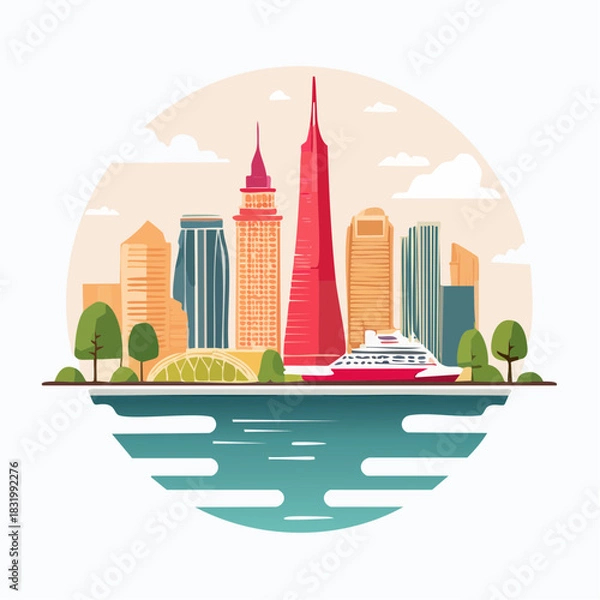 Obraz Modern City Skyline With Tall Buildings And A Boat On The Water Under A Cloudy Sky