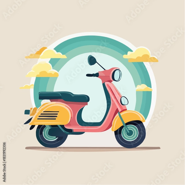 Obraz Retro Pink And Yellow Scooter With Teal Blue Circular Arch Background And Fluffy Clouds In The Sky