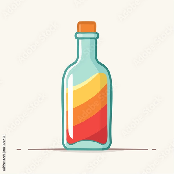 Fototapeta Glass Bottle with Layers of Yellow and Red Liquid Sealed With Cork Stopper Simple Graphic Illustration