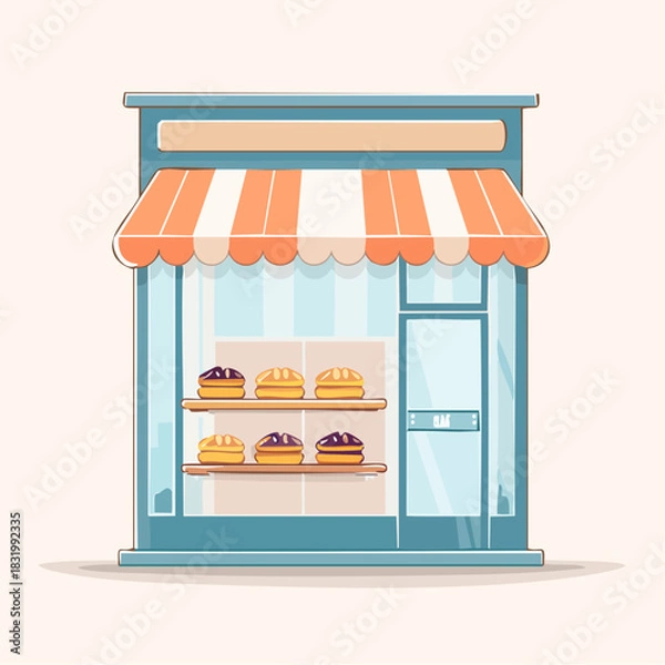 Fototapeta Charming Bakery Storefront With Displayed Pastries Under Striped Awning Illuminated By Soft Light Ideal For Commercial Use