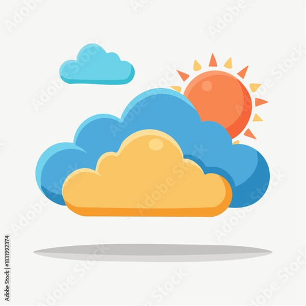 Obraz Stylized Sun Peeking Through Fluffy Clouds With Gentle Shadows Below On A White Background