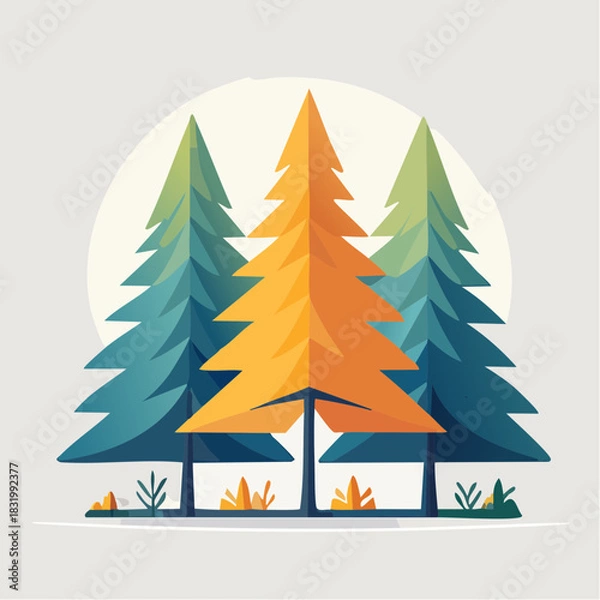 Fototapeta Stylized Evergreen Trees With A Bright Orange Tree In The Center Against A Soft Yellow Sun And A Minimalist Landscape Background