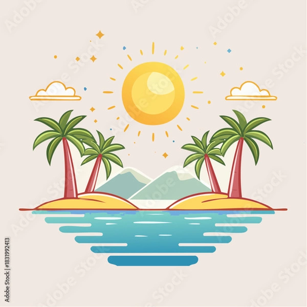 Obraz Vibrant Pixel Art Tropical Island Paradise With Palm Trees Under A Bright Sunny Sky And Calm Blue Ocean