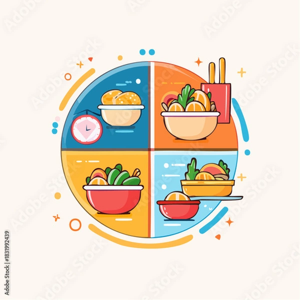 Obraz Healthy Meal Plan Divided Into Four Sections With Fresh Food Options And A Clock Symbolizing Diet Planning And Balanced Nutrition