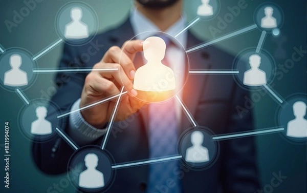 Fototapeta HR - Human resources management and recruitment concept. Double exposure people network structure. High quality