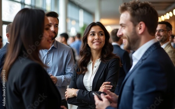 Fototapeta Diverse group of people in business attire networking at an event. Engaged in conversation, sharing ideas, and building connections in a professional setting. Diverse people talking together.