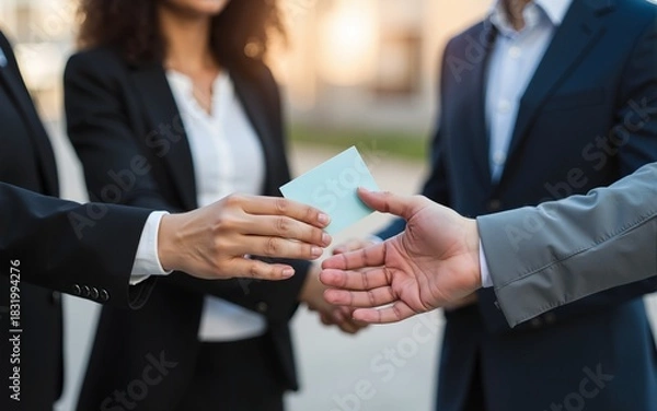 Fototapeta Close-up of business people exchanging business card. High quality