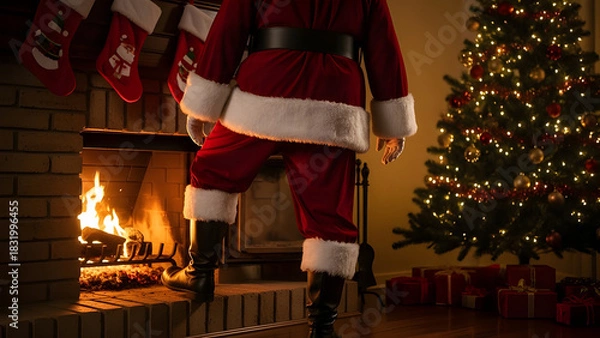Obraz Santa emerging from a fireplace, boots dusty with soot, cozy holiday interior.