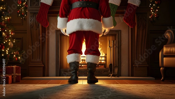 Obraz Santa emerging from a fireplace, boots dusty with soot, cozy holiday interior.