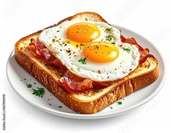 Fototapeta Breakfast toast topped with bacon and two fried eggs