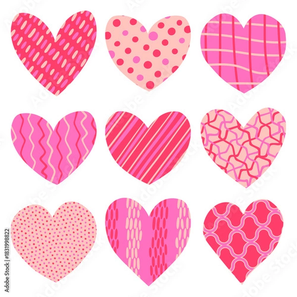 Obraz Delightful clipart of different textured hearts in flat style. Perfect trendy elements for Valentine’s Day designs, love graphics, stickers, pins, greeting cards, romantic decorations, and backgrounds