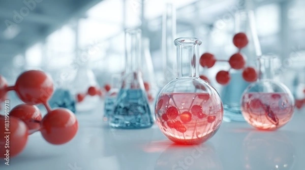 Obraz Chemical laboratory glassware and molecular structure for science research