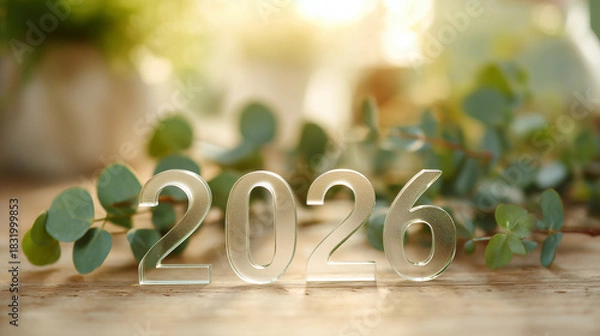 Fototapeta 木漏れ日の当たるテーブルに置かれた2026年のガラス文字、植物のあるナチュラルな背景
