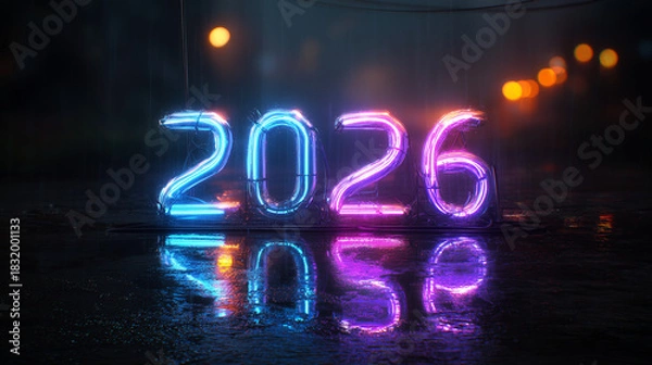 Fototapeta 2026年のネオンサイン、濡れたアスファルトに反射するサイバーパンクな数字