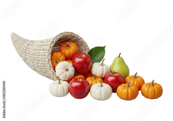 Obraz Light woven cornucopia, mini orange/white pumpkins, red apples, green pear, and green leaf, artfully arranged on transparent, no shadows, pristine harvest abundance concept