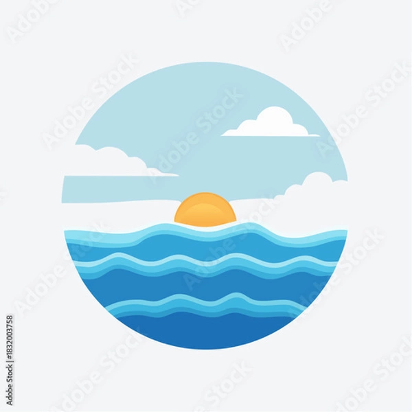 Fototapeta Stylized Sunrise Over Wavy Ocean With Clouds In Circular Frame