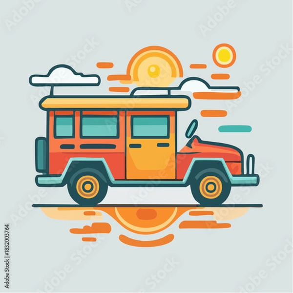 Fototapeta Retro Orange and Yellow Jeepney with Stylized Sun and Clouds on a Gray Background
