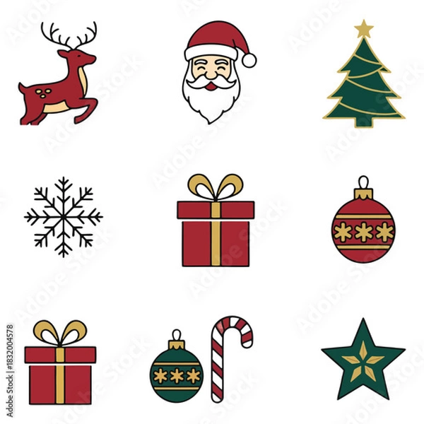 Obraz Festive Christmas Icons Deer, Santa, Tree, Gifts, Ornaments and Holiday Symbols