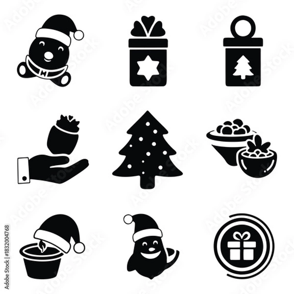 Obraz A collection of festive Christmas holiday glyph icons and symbols
