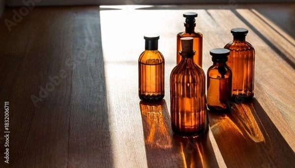 Fototapeta glass amber colored bottles arranged on a window sill as modern decor catching sunlight casting long shadow on a wood floor