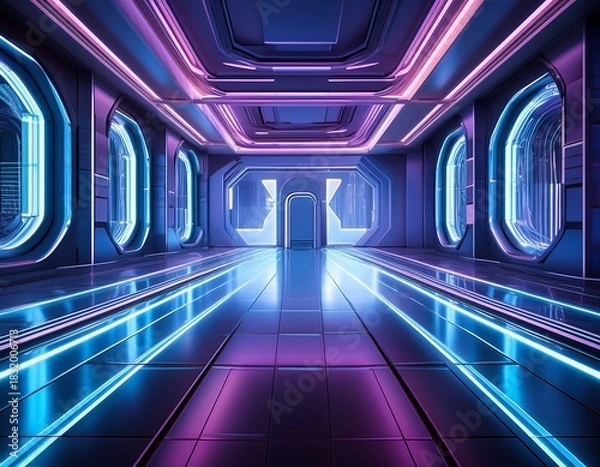 Fototapeta futuristic empty room with vibrant neon lighting and reflective floor featuring a striking architectural design