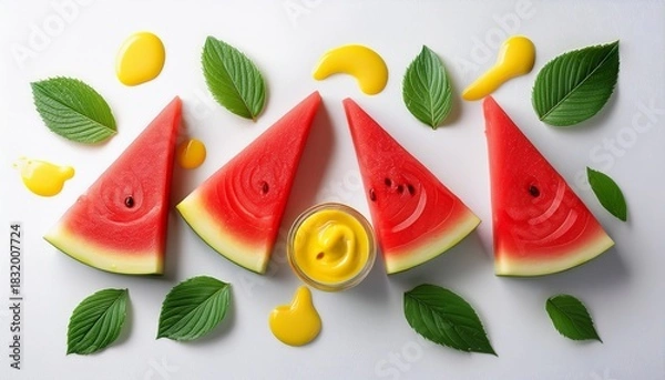 Fototapeta refreshing summer watermelon slices arranged artistically with yellow sauce and green leaves on white background