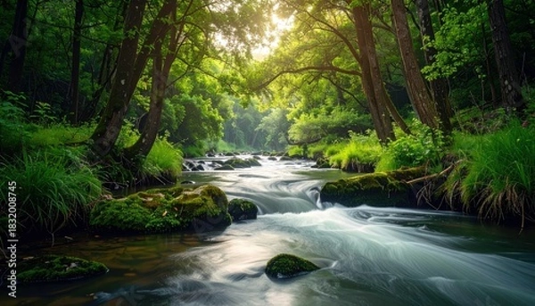 Fototapeta A scenic view of a river flowing through a lush green forest, with sunlight filtering through the trees, creating a serene and natural environment.