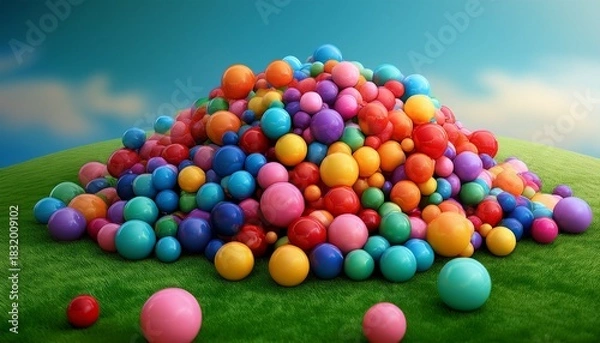 Fototapeta vibrant multicolored spheres cascade and accumulate forming a colorful delightful heap on a verdant surface