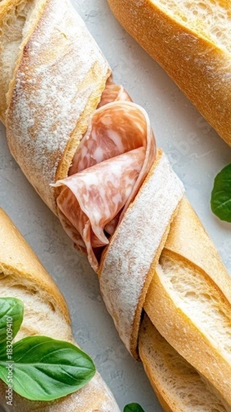 Fototapeta Overhead shot of a salami sandwich made with baguette bread, with fresh basil leaves on a light gray surface.