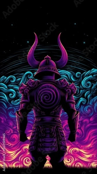 Fototapeta Illustration of a samurai warrior standing, back to the viewer, in a colorful fantasy landscape under a starry night sky.