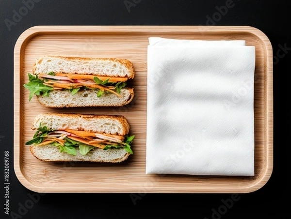Fototapeta Overhead shot of two sandwiches with fresh vegetables, served on a wooden tray with a folded white napkin. The background is black.