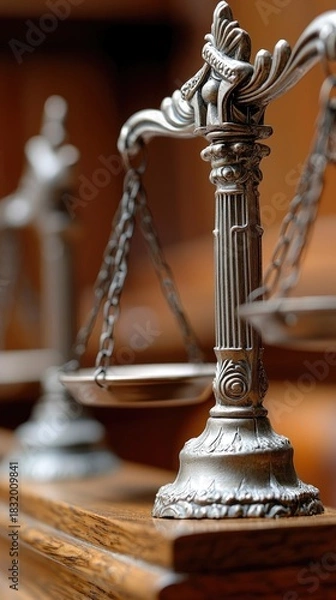 Fototapeta Close-up of a decorative silver scales of justice sitting on a wooden surface, with warm lighting and a shallow depth of field.