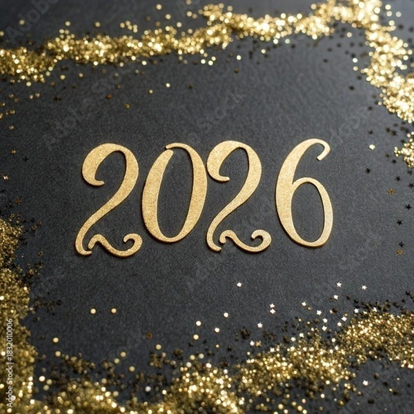 Fototapeta 2026 text surrounded by gold glitter dust on matte surface