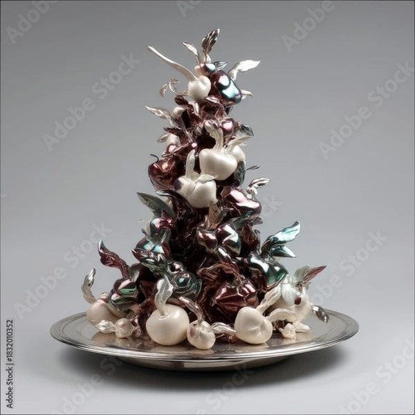 Fototapeta A studio shot of a unique sculptural arrangement of fruit, including apples, on a silver platter, with a soft, diffused lighting.