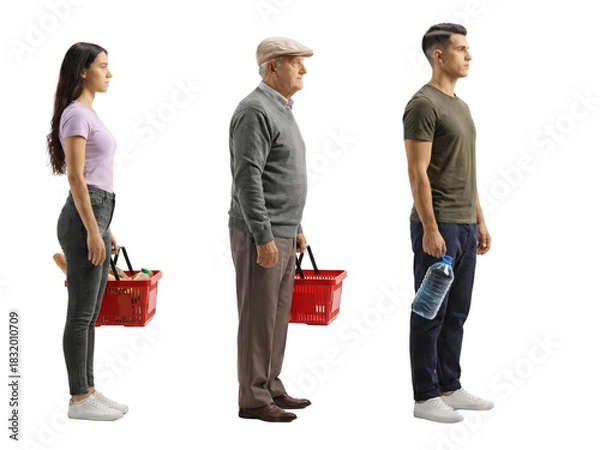 Fototapeta Generational Queue Three Individuals Demonstrating Social Distancing in Public Area, Isolated