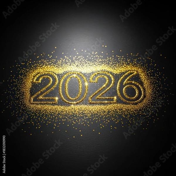 Fototapeta Gold glitter dust arranged around 2026 text on matte surface