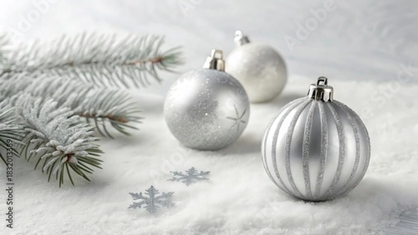 Fototapeta Minimal festive scene with metallic ornaments on a plain surface